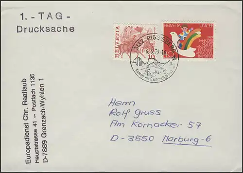 Schweiz: Kind und Friedenstaube & 1. Tag Drucksache, FDC ESSt Riggisberg 6.9.79