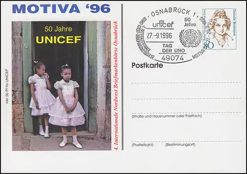 Privatpostkarte Frauen 80 Pf 50 Jahre UNICEF SSt OSNABRÜCK Tag der UNO 27.9.1996