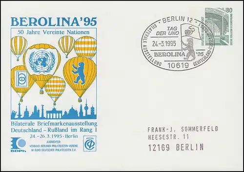 Privatpostkarte PP 153 BEROLINA 50 Jahre UNO, SSt BERLIN Tag der UNO 24.3.95 