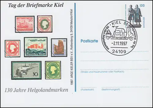 Privatpostkarte SWK 100 Pf 130 Jahre Helgolandmarken, SSt Kiel T.d.B. 2.11.97