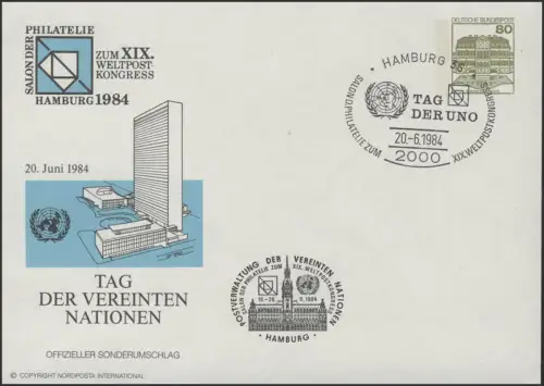 Umschlag 80 Pf BuS Weltpostkongress Hamburg SSt UNO