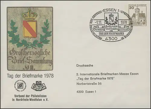 PU 108/63b Tag der Briefmarke NRW mit Anschrift, SSt Essen Posthausschilde 1978
