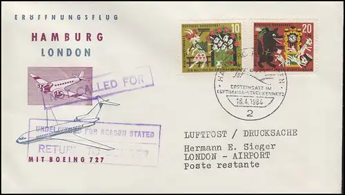 Eröffnungsflug Hamburg-London Boeing 727 MiF Bf SSt Hamburg-Flughafen 16.4.1964