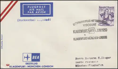 Premier vol BEA Viscount Klagenfurt-München-Londres EF Lettre SSt Krankenfortt 4.6.1959