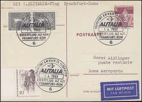 Premier vol ALITALIA AZ 421 Francfort/Main - Rome, carte postale SSt Francfort 1.4.1969