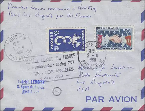 Premier vol Air France BOEING 707 Paris - Los Angeles 4.4.960 Lettre PARIS 2.4.1960
