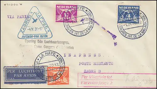 Sonderflug 5. Luftfahrtkongress Paris-Zagreb Brief passender SSt LA HAYE 1.9.30
