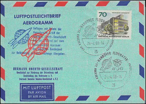 Raketenpost 3/68 der Hermann-Oberth-Gesellschaft, Aerogramm SSt HANNOVER 26.4.68
