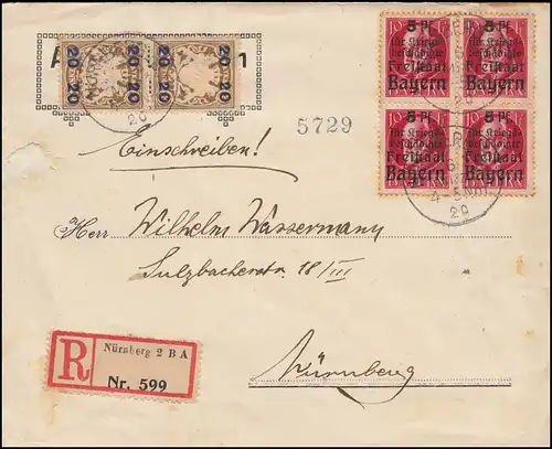 Bayern 171A Ludwig-Aufdruck im Viererblock + 177IIy Orts-R-Brief NÜRNBERG 6.3.20