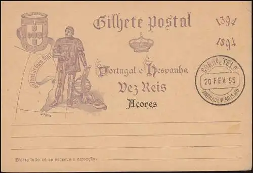 Portugal Carte postale P 25 avec imprimé Acores / Açores 1894, cacheté 20.2.95