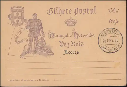 Portugal Carte postale P 25 avec imprimé Acores / Açores 1894, cacheté 20.2.95