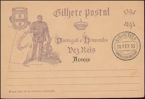 Portugal Postkarte P 25 mit Zudruck Acores / Azoren 1894, gestempelt 20.2.95