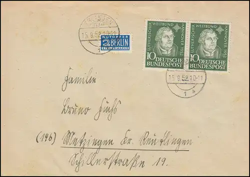 149 Martin Luther als Paar als MeF auf Brief mit Notopfer ERLANGEN 15.9.1952