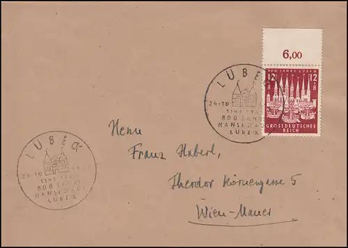 862 Hansestadt Lübeck vom Oberrand, EF auf FDC ESSt LÜBECK 24.10.43 nach Wien