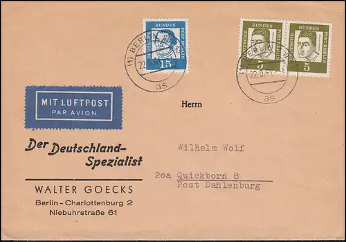 199 Albertus als Paar und 203 Luther MiF auf Brief BERLIN 22.9.61 nach Quickborn