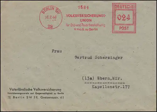 AFS Volksversicherungs-Union Erd- und Feuerbestattung BERLIN 16.7.1946