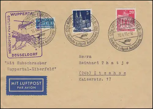 1. Vol postal d'hélicoptère en Allemagne, lettre + victime d ' urgence SSt WUPPERTAL 10.6.51