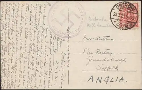 Hakenkreuz-Briefstempel Britisches Komitee in Polen auf AK Kirche OSTROW 23.3.21