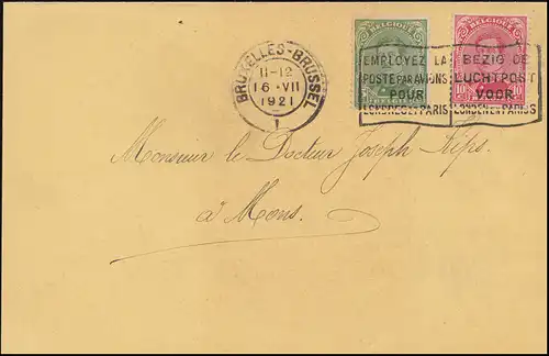 Belgique 116+117 Roi Albert Ier Carte postale Caisse d'assurance maladie BRUXELLES 16.7.21 da Mons