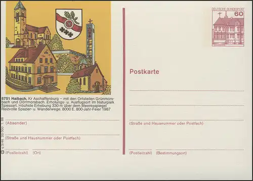 P138-q3/046 8751 Haibach, 3 Kirchen Rathaus Wappen **