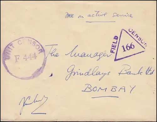 Censure UNIT CENSOR F 444 - Poste de terrain Inde FIELD CENSOR 166 selon BOMBAY 15.7.44