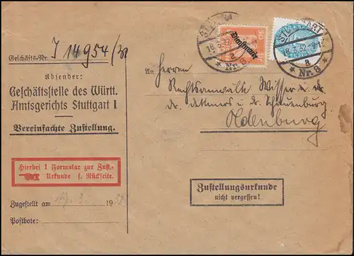 Dienst 111 Aufdruck und 127X Strohhut MiF Zustellungsurkunde STUTTGART 18.3.1932