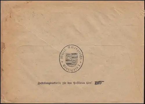 Dienst 111 Aufdruck und 127X Strohhut MiF Zustellungsurkunde STUTTGART 18.3.1932