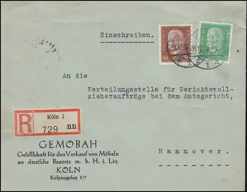 411+420 Hindenburg-Frankatur 5+50 Pf R-Brief KÖLN 31.12.32 nach HANNOVER 1.11.32