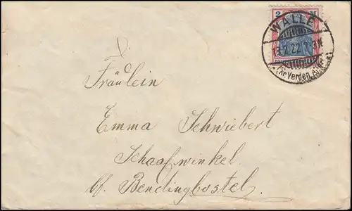 152 Germania 2 Mark als EF auf Brief WALLE (Kr. Verden Aller) 18.2.1922