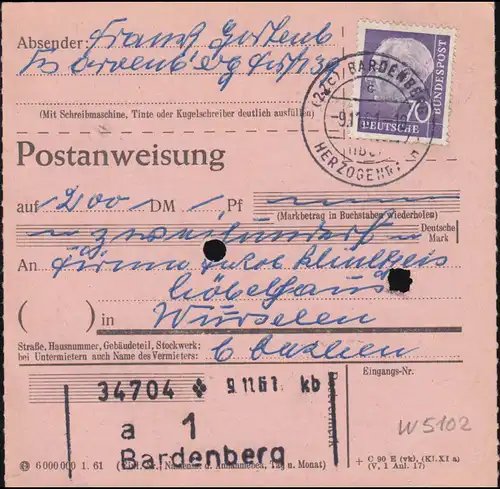 263 Heuss 70 Pf. als EF auf Postanweisung BARDENBERG über HERZOGENRATH 9.11.1961