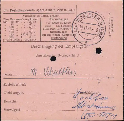 263 Heuss 70 Pf. als EF auf Postanweisung BARDENBERG über HERZOGENRATH 9.11.1961