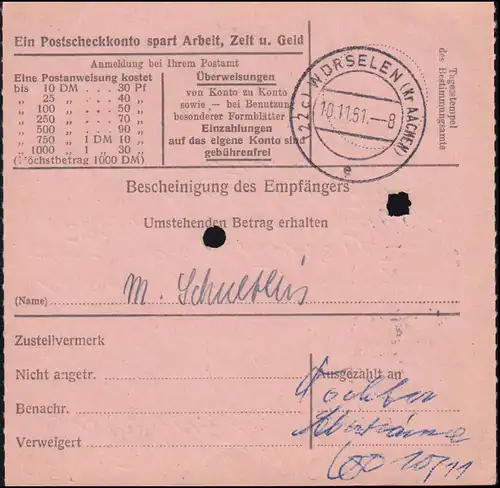 263 Heuss 70 p. p, sur instruction postale BARDENBERG sur HERZOGENRATH 9.11.1961