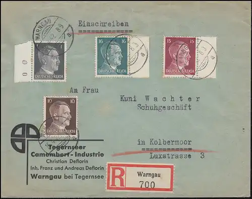 781+787+789+790 Hitler-MiF davon dreimal mit Seitenrand R-Brief WARNGAU 16.4.42 