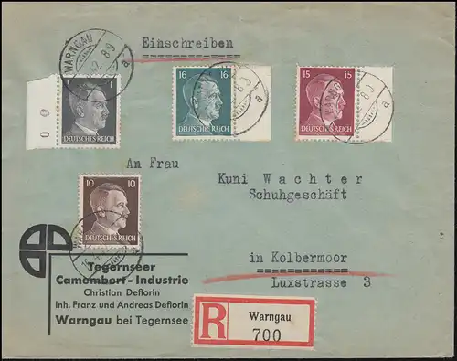 781+787+789+790 Hitler-MiF davon dreimal mit Seitenrand R-Brief WARNGAU 16.4.42
