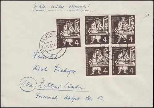 198 Gutenberg-Bibel 5mal als MeF auf Brief REGENSBURG 11.8.54 nach Zittau