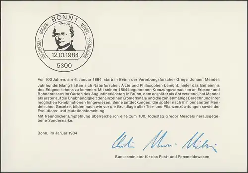 MinKa 03/1984 Gregor Johann Mendel, Mönch Héritage