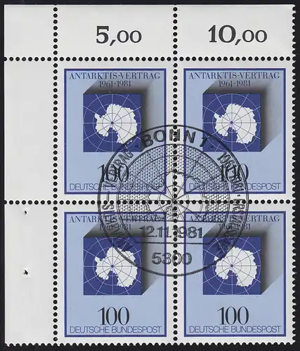 1117 Antarktis-Vertrag 1981 als Eckrand-Viererblock oben links, ESSt BONN