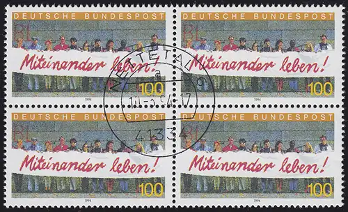 1725 Miteinander leben: Viererblock, zentrischer Vollstempel NETTETAL 10.3.94