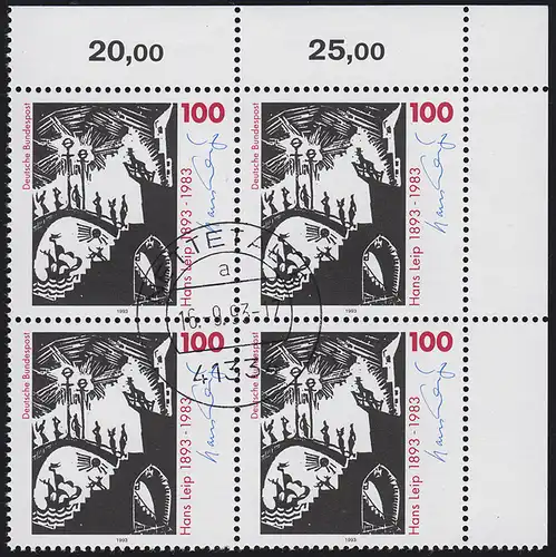 1694 Hans Leip: ER-Vbl. oben rechts, zentrischer Vollstempel NETTETAL 16.9.93