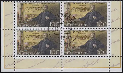 1828 Alfred-Nobel-Testament: Viererblock unten, zentrischer Vollstempel NETTETAL