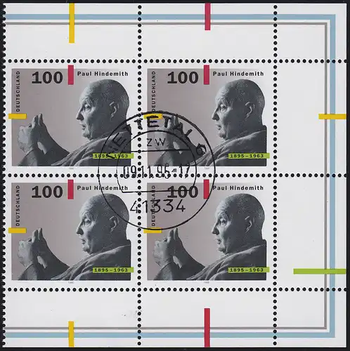 1827 Paul Hindemith: Viererblock rechts zentrischer Vollstempel NETTETAL 9.11.95