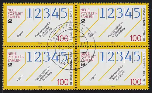 1659 Nouveaux codes postaux: bloc quadruple, cachet complet centré NETTETAL 11.3.95