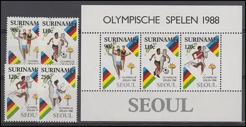 Suriname 1264-1267 Olympische Spiele 1988, 4 Werte mit Olympia-Block 47, Set ** 
