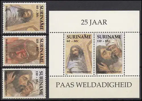 Suriname 1358-1360 Bien-être Pâques Christ 1991, 3 valeurs et bloc 55, set **