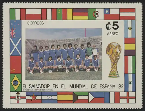 Fußball El Salvador: SPANIEN'82 Mannschaftsbild & Länderflaggen, 1 Marke **