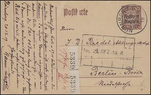 Bayern P 114/01 Freistaat 15 Pf DV 19: Vegetabilien-Handlung NÜRNBERG 20.12.19