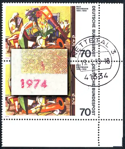 822 Max Beckmann - mit PLF: roter Strich über der 1974, ER-Paar, gestempelt