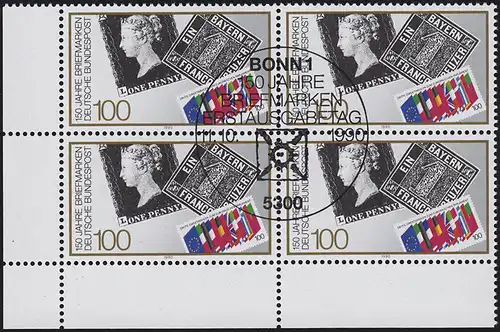 1479 150 Jahre Briefmarken als Eckrand-Viererblock unten links ESSt Bonn 1990
