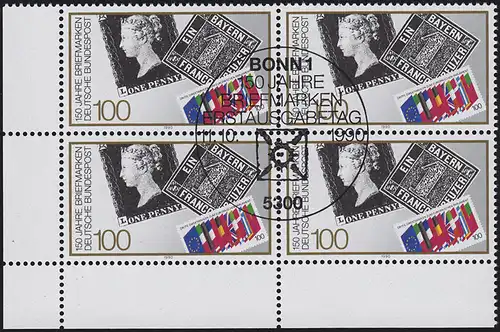 1479 150 ans Timbres comme bloc quatre d'angle en bas à gauche ESSt Bonn 1990