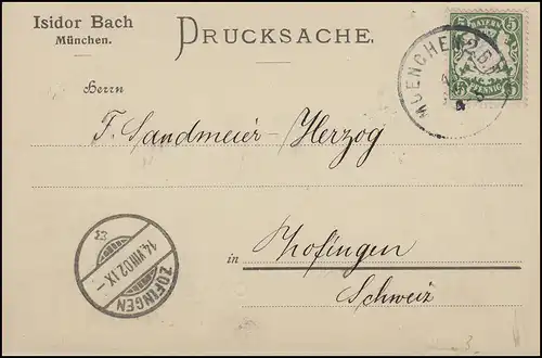 Bayern Wappen 5 Pf grün EF Drucksache MÜNCHEN 13.8.02 n. ZOPFINGEN/Schweiz 14.8.